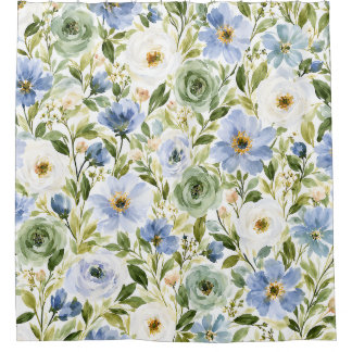 Pastellblau und Salbeigrün Wasserfarben-Blumenmust Duschvorhang