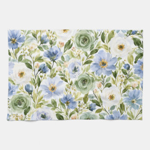 Pastellblau und Salbeigrün Wasserfarben-Blumenmust Geschirrtuch