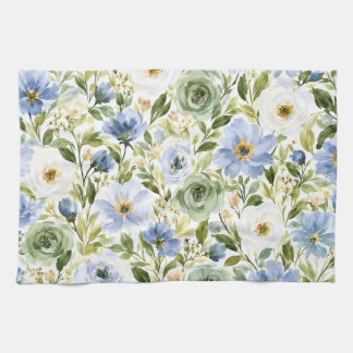 Pastellblau und Salbeigrün Wasserfarben-Blumenmust Geschirrtuch
