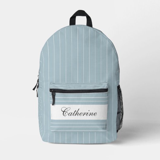 Pastellblau und Weiß Streifen Name Bedruckter Rucksack (Vorderseite)