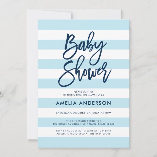 Pastellblau & weiße Streifen Blaue Babydusche Einladung (Vorderseite)