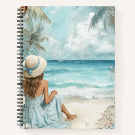 PASTELLBLAUE AQUARELL-SZENE MIT MÄDCHEN AM STRAND NOTIZBLOCK