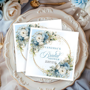 Pastellblaue Aquarellblumen Goldene Brautparty Serviette