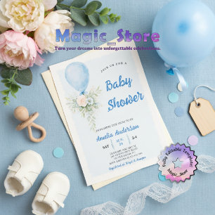 Pastellblaue Ballon-Blumen-Wasserfarbe-Baby-Party Einladung