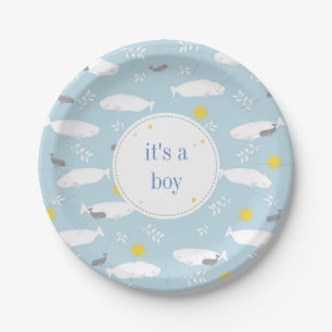 Pastellblaue Beluga-Wal-Sterne Babyduschdesign Pappteller
