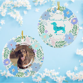 Pastellblaue Blumen-Dachshund-Fotogedenkstücke Keramik Ornament