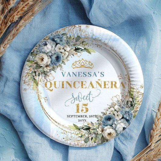Pastellblaue Blumen Eukalyptus Gold Teller persona