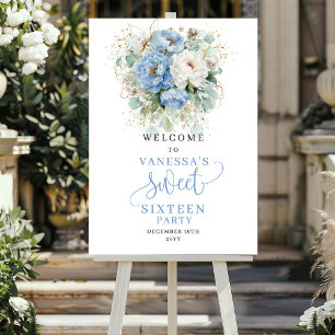 Pastellblaue Blumen Gold Sweet Sixteen Willkommen Poster