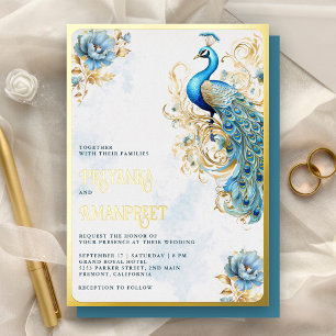 Pastellblaue Blumenindische Pfau-Hochzeit Gold Folieneinladung