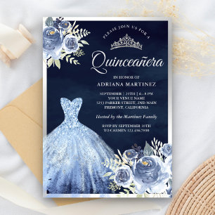 Pastellblaue Blumenrobe Navy Silber Quinceanera Einladung
