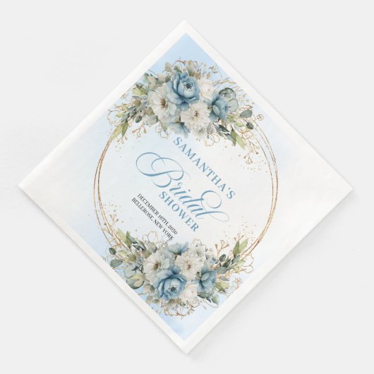 Pastellblaue Boho-Blumen Eukalyptus Gold-Party Serviette (Ecke)