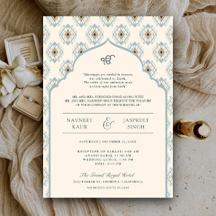 Pastellblaue Creme-Ikat-Anand-Karaj-Sikh-Hochzeit Einladung