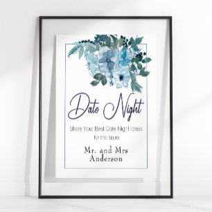 Pastellblaue elegante Rosen Hochzeit Datum Nacht S Poster