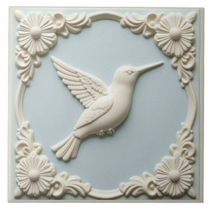Pastellblaue Faux-Relief-Art-Nouveau-Kolibri Fliese