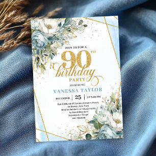 Pastellblaue goldene Schimmer-Blumen zum 90. Gebur Einladung