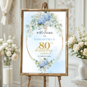 Pastellblaue Hortensien mit goldenem Akzent zum 80 Poster