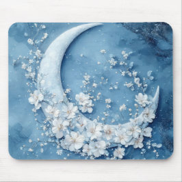 PASTELLBLAUE MONDSICHEL MIT WEISSEN BLUMEN MOUSEPAD