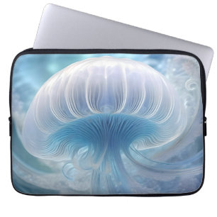 Pastellblaue Quallen-Fraktal-Kunst unter dem Meer, Laptopschutzhülle