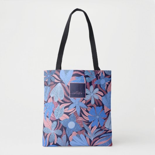 Pastellblaue rosa Blätter Glitzer Monogramm Tasche (Vorderseite)