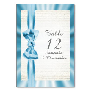 Pastellblaue Satin-Band-Bughochzeit Tischnummer