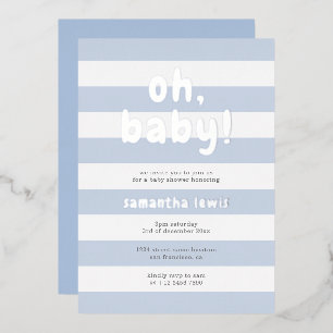 Pastellblaue Streifen Oh Baby Boy Shower Silber Folieneinladung