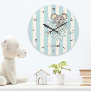 Pastellblaue Streifen Süße Koala-Kinderzimmer / Ki Große Wanduhr