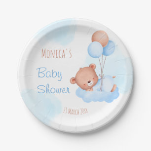 Pastellblaue Teddybär Aquarell Babydusche Pappteller