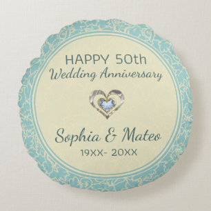 Pastellblaue und cremefarbene Blumen-Damaststoffe Rundes Kissen