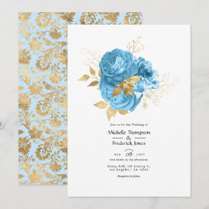 Pastellblaue und goldene Blumenhochzeit Einladung