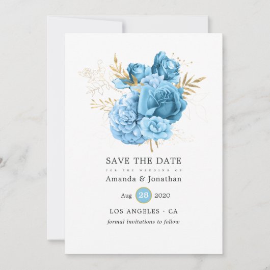 Pastellblaue und goldene Blumenhochzeit Save The Date (Vorderseite)