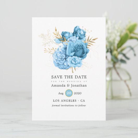 Pastellblaue und goldene Blumenhochzeit Save The Date (Stehend Vorderseite)
