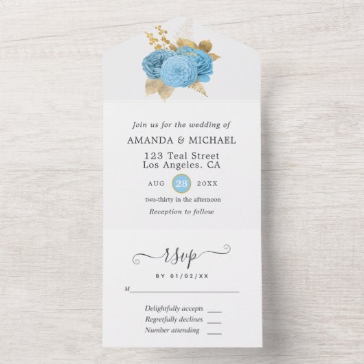 Pastellblaue und goldene Blumenhochzeiten in einem All In One Einladung (Innen Boden)