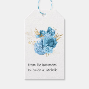 Pastellblaue und goldene florale Hochzeit Geschenkanhänger