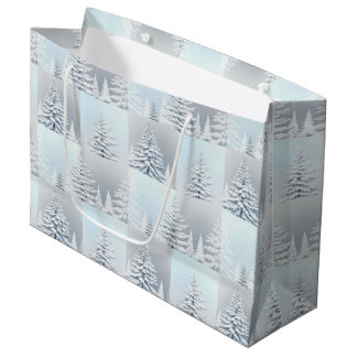 PASTELLBLAUE UND SILBERNE WINTERBÄUME GROßE GESCHENKTÜTE