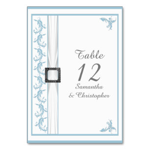 Pastellblaue und weiße Damast-Hochzeit Tischnummer
