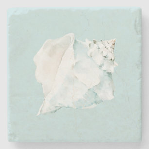 Pastellblaue und weiße Wasserfarbe-Muschel Steinuntersetzer