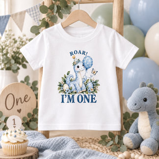 Pastellblaue Wasserfarbe-Dinosaurier zum 1. Geburt Baby T-shirt