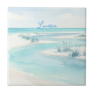 pastellblaue Wasserfarbe Strandwellen Name editier Fliese