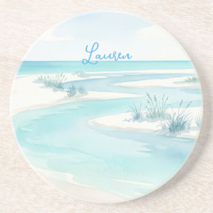 pastellblaue Wasserfarbe Strandwellen Name editier Getränkeuntersetzer