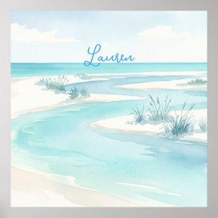 pastellblaue Wasserfarbe Strandwellen Name editier Poster