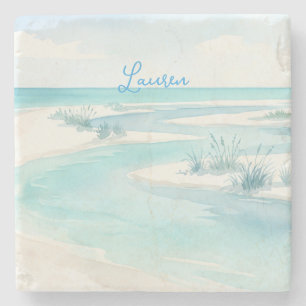 pastellblaue Wasserfarbe Strandwellen Name editier Steinuntersetzer