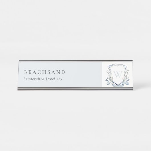 Pastellblaue Wildblume Wappen Schreibtischnamensplakette (Vorderseite )