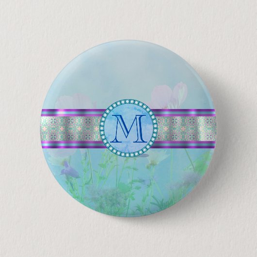 Pastellblauer Floral Monogramm Button (Vorderseite)