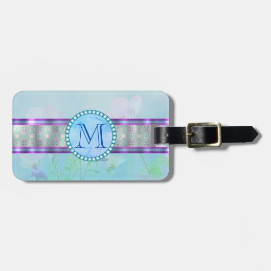 Pastellblauer Floral Monogramm Gepäckanhänger (Vorderseite horizontal)