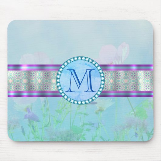 Pastellblauer Floral Monogramm Mousepad (Vorne)