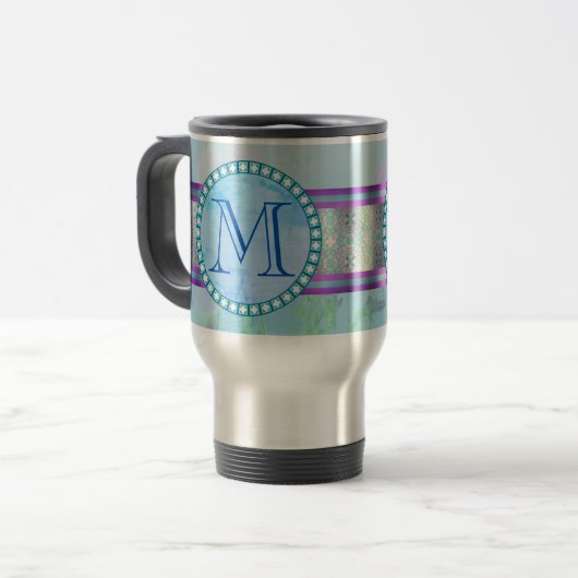 Pastellblauer Floral Monogramm Reisebecher (Vorderseite Links)