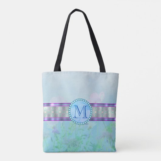 Pastellblauer Floral Monogramm Tasche (Rückseite)