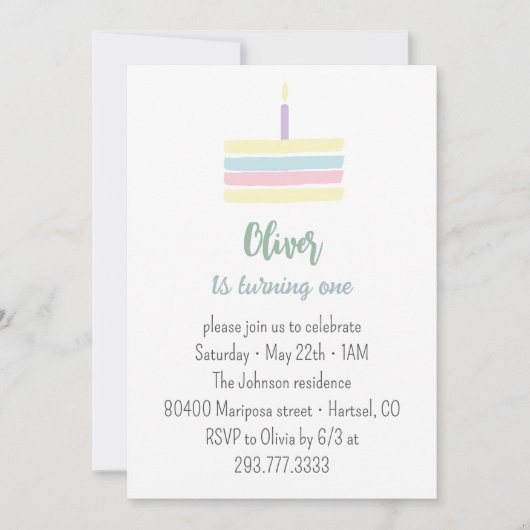 Pastellblauer Kuchen 1. Geburtstag Party Einladung (Vorderseite)