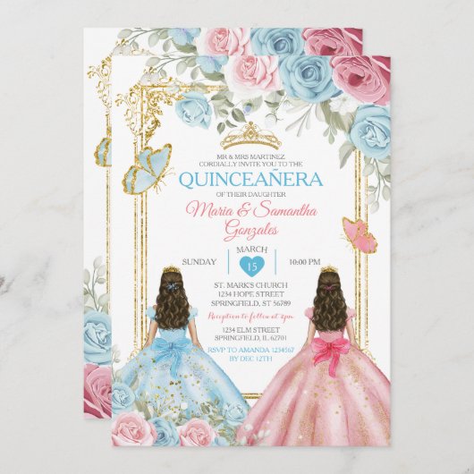 Pastellblauer Rosa Schmetterling Floral Gold Quinc Einladung (Vorne/Hinten)