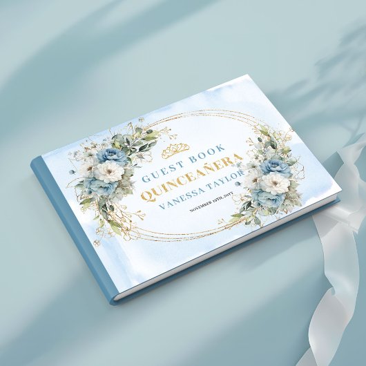 Pastellblaues Boho Quince mit goldener Grünpflanze Gästebuch